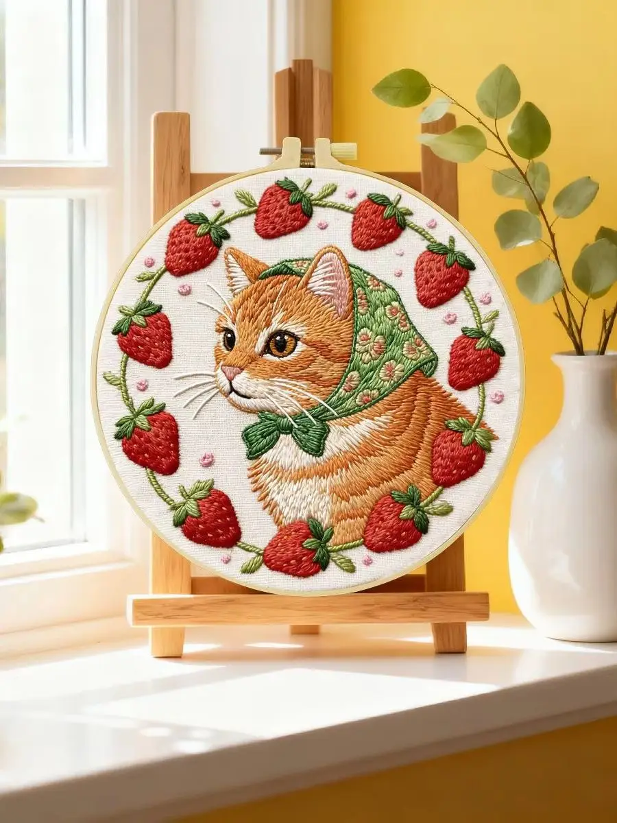 1 Stück 20X20CM/15X15CM 7,87/6,3 Zoll Erdbeer-Kätzchen Stickerei-Starter-Kit DIY-Kit DIY-Stickerei-Set Handarbeiten Malerei – Detail 6