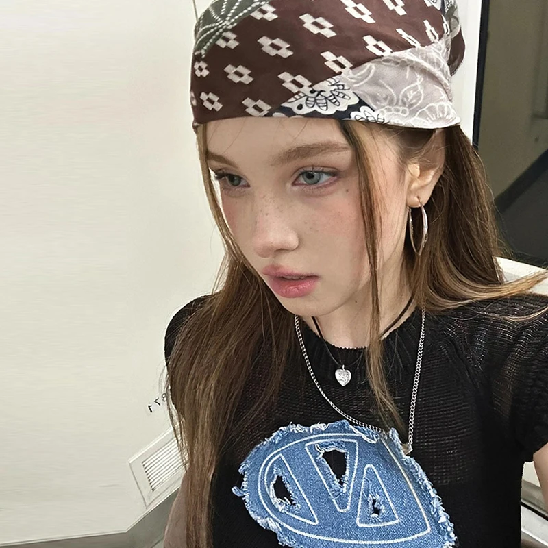 Hot Sell Y2K Retro Hip-hop Style Printed Headscarf Personalized Color Blocked Headband Square Scarf Wearing Matching Accessories