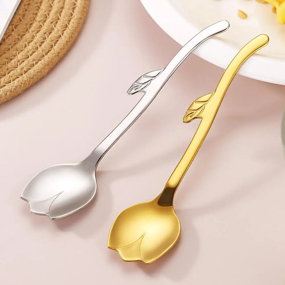Tulip Shaped Stainless Steel Spoon, Long Handle Coffee Ice Cream Dessert Spoon with Hanging Hook, Kitchen Flatware Utensils