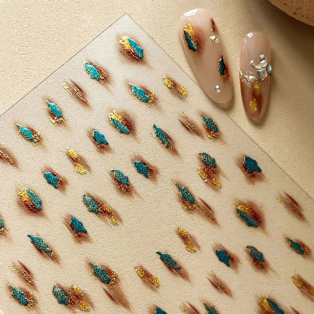 5D Autumn Winter Retro Gold Foil Green Brown Nail Sticker Gradient Smudge Amber Green Watercolor Artistic Nail Decals DIY Decora