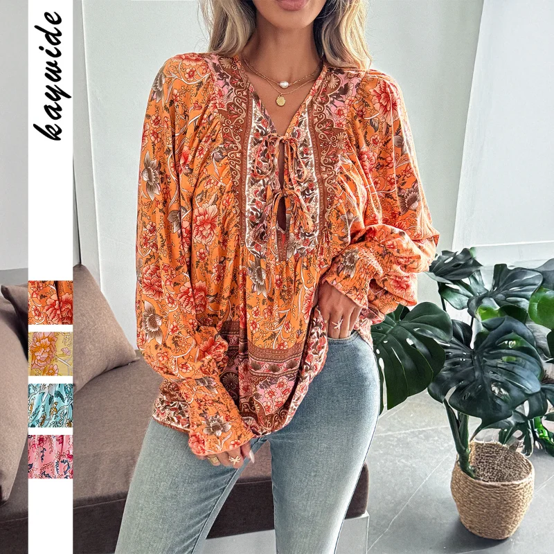 

Casual Vacation Printed Long-sleeved T-shirt Tops for Women 2025 Autumn and Winter