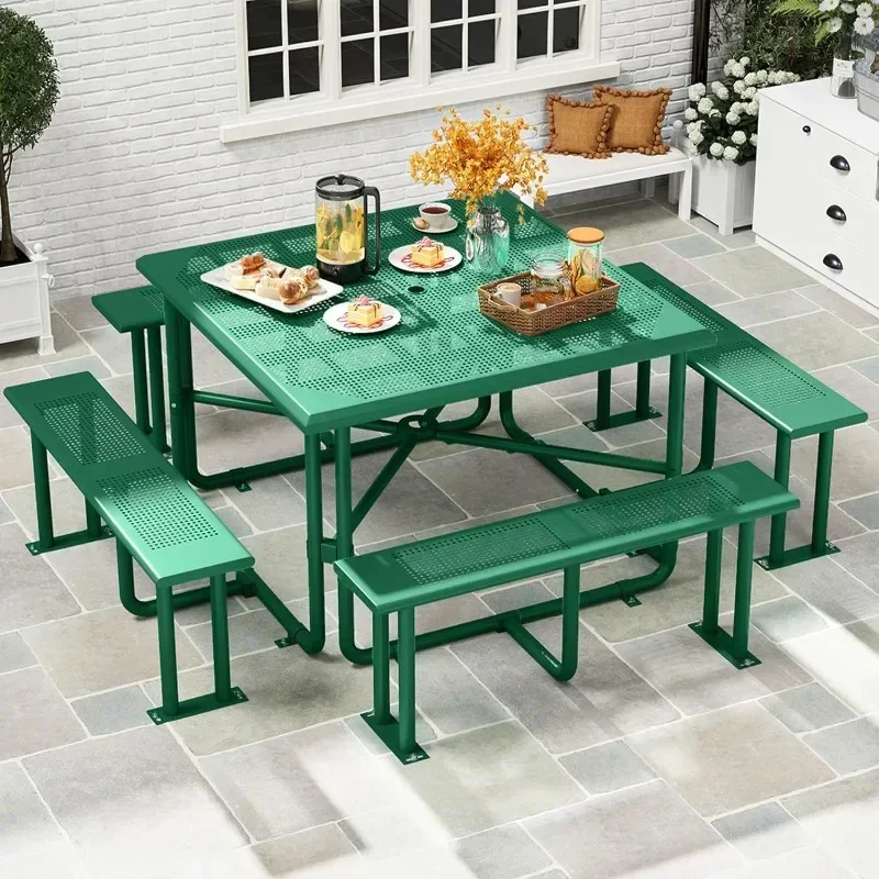 Picnic Table, Coated Outdoor Picnic Table w/Sturdy Steel Frame & Umbrella Hole