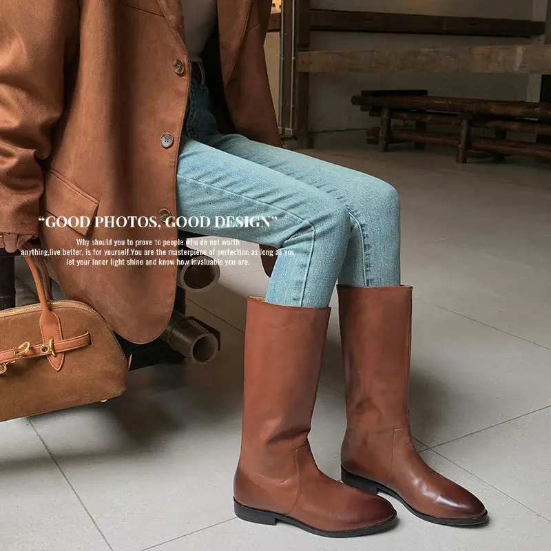 Women's Knee-High Leather Boots Full Grain Calf Leather Upper & Shaft Square Heel Rubber Outsole Round Toe Fashion Tall Booties