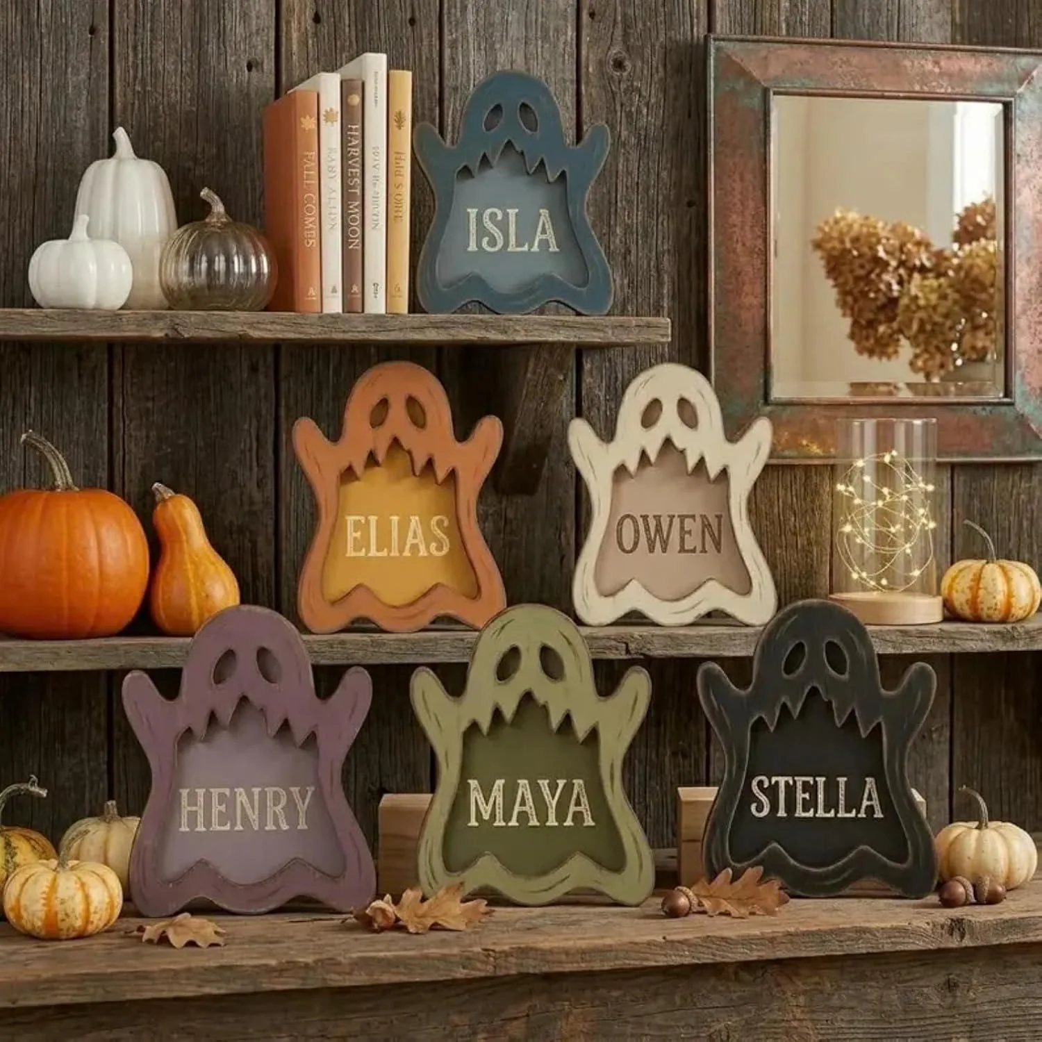 Personalized Wooden Name Sign, Custom Halloween Ghost & Pumpkin Plaque, Rustic Fall Table Decor, Shelf Sitter Ornament, Spooky K