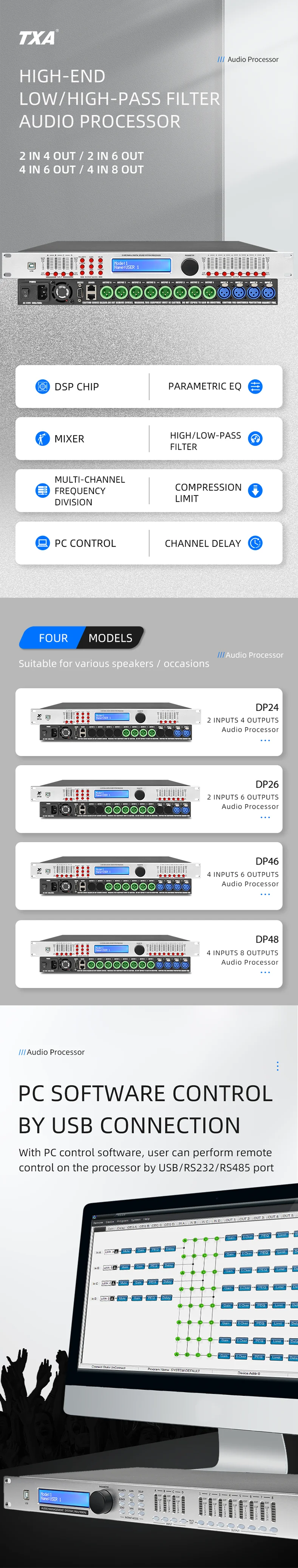 معالج إدارة مكبرات الصوت الاحترافي 4 في 8 معالج نظام الصوت الرقمي DSP 96 كيلو هرتز #6