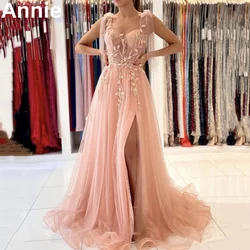 Handmade 3D Decals Prom Dresses Pink Tulle Evening Dress Vestidos De Noche A-shaped Side Slit Formal Occasions Party Dresses