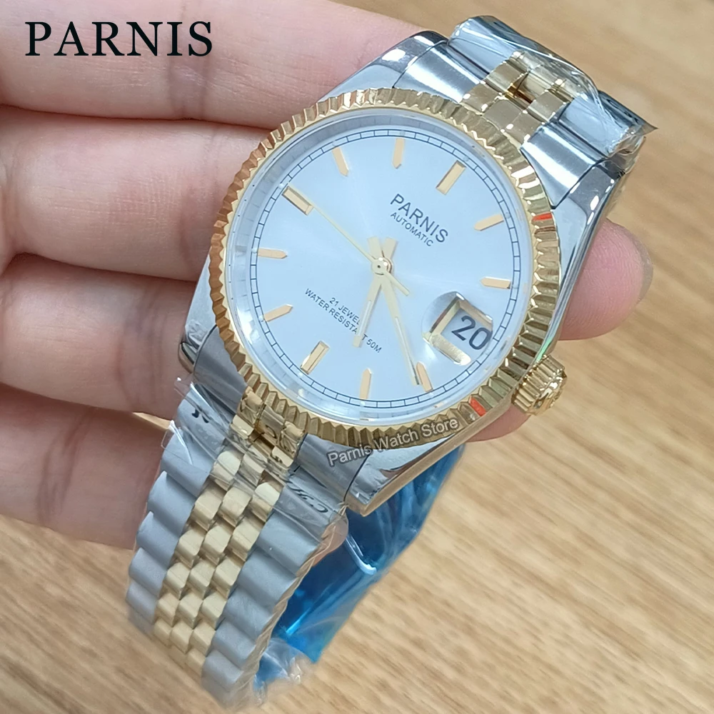 Parnis 36mm Gold Silver Color White Dial Men Watch Automatic Movement Men Stainless Steel Bracelet Mechanical Watches