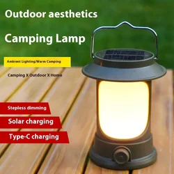 Solar Portable Handheld Vintage Camping Lantern USB Rechargeable Outdoors Tent Light LED Warm Light Night Hiking Fishing Lamp