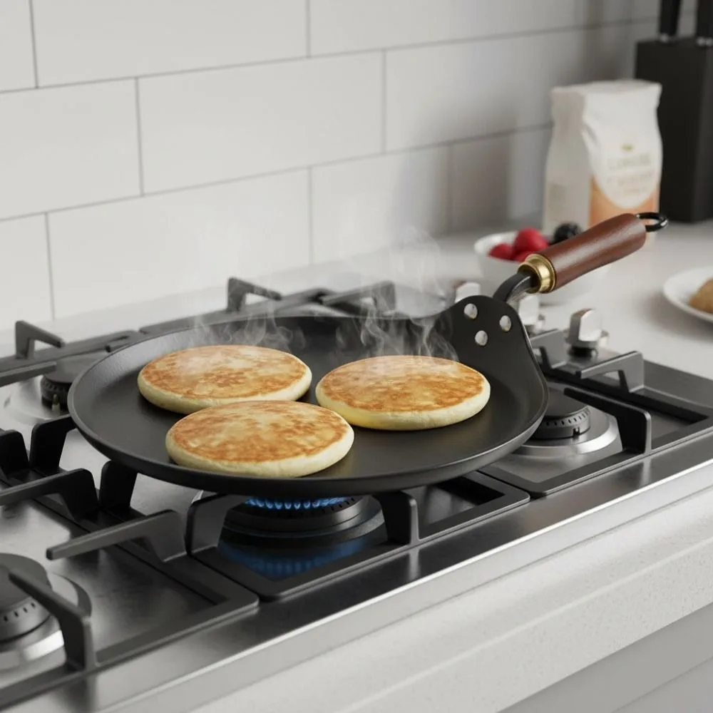 Multi Purpose Uncoated Cast Iron Frying Pan Wood Handle Universal Non-stick Pan Thickened Crepe Maker Induction Cooker