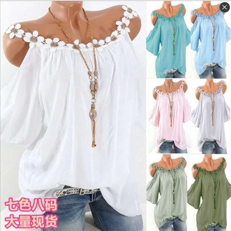 Women Spring Summer Shirt Blouse Solid Color Short Sleeves Hollow Out O Neck Casual Elegant Fashion Comfortable Regular Standard