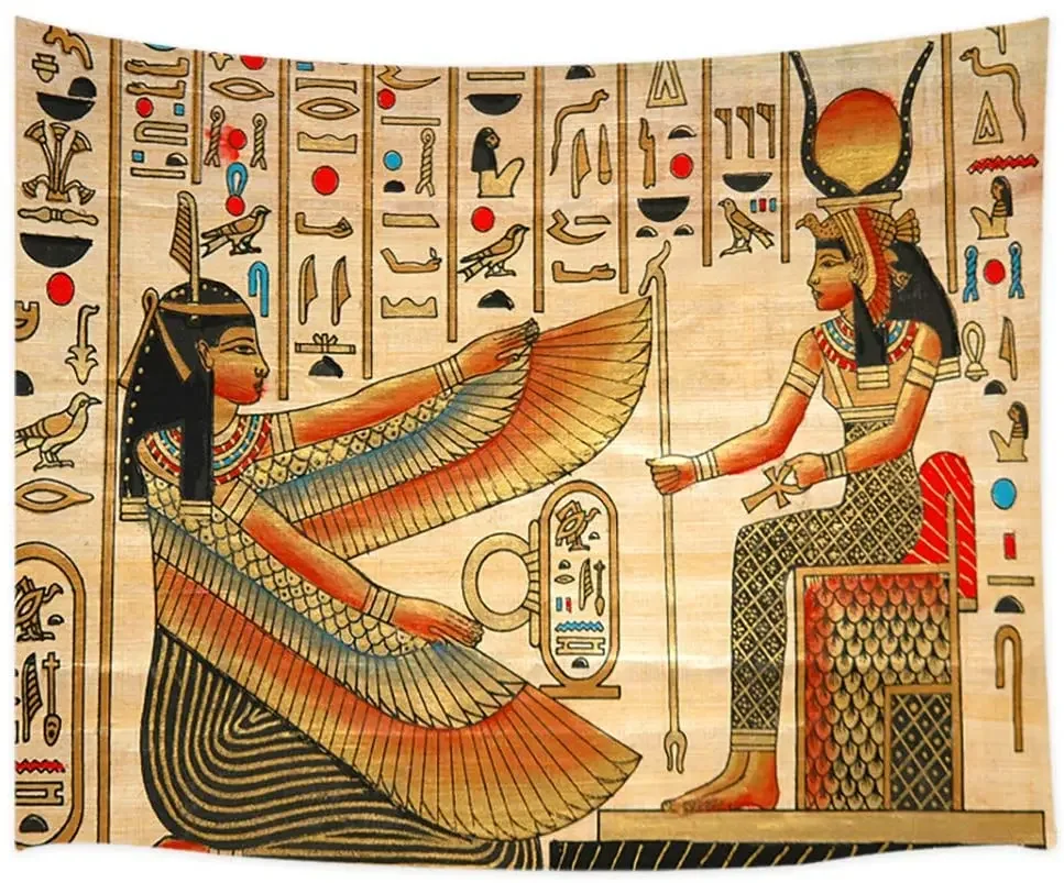 Ancient Egypt Queen Egyptian King and Hieroglyphic Carvings on Papyrus Wall Tapestry