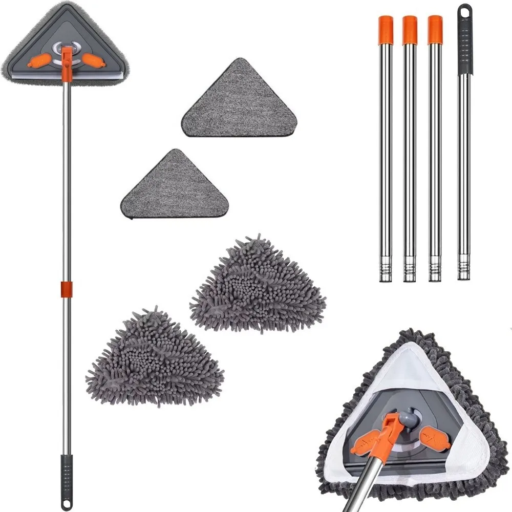 New 360° Rotatable Window Cleaning Mop Dry And Wet Use Extension Pole Glasss Wall Mop Triangle Shape Glass Door Mop Home Use