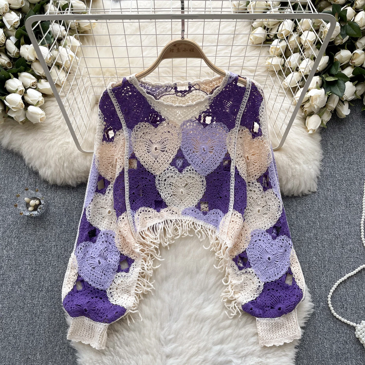 Elegant Long Sleeve Vintage Hook Flower Hollow Tassels Knit Pullover Korean Fashion Casual Sweater Autumn  Women Knitwear Tops