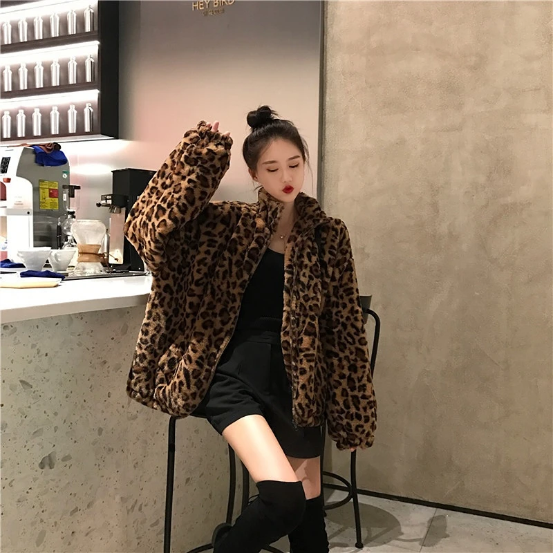 Jaqueta vintage leopardo Stand colarinho com zíper para mulheres, outwear feminino, casacos felpudos largos, streetwear casual feminino, inverno, 2023