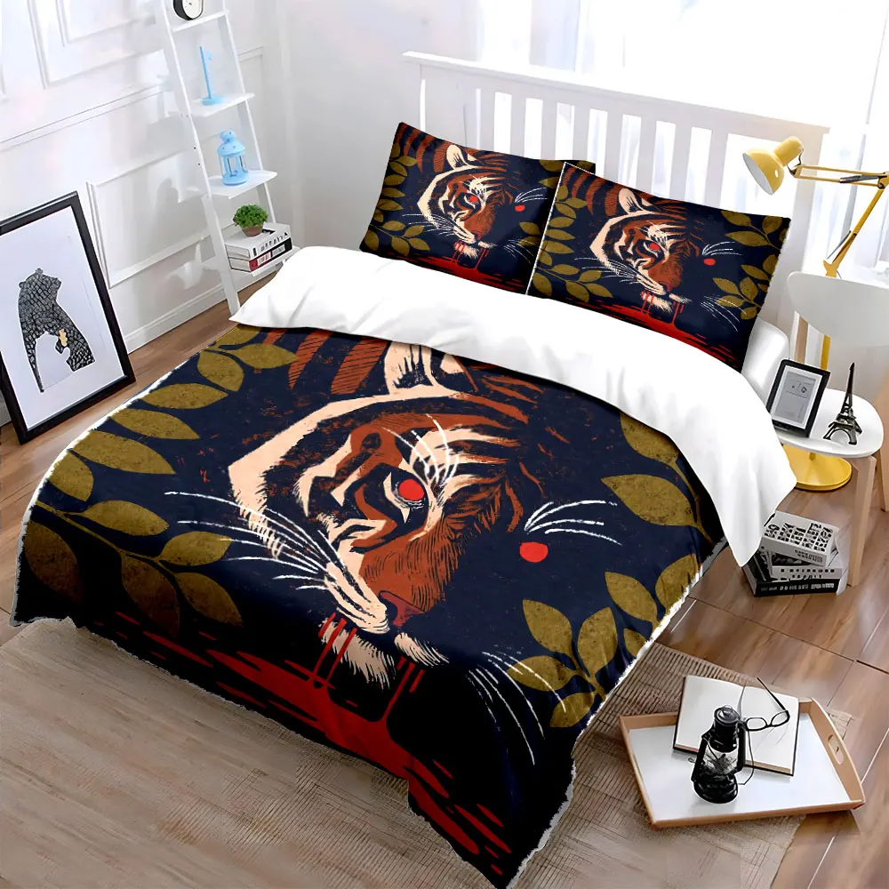 3Pcs Retro Woodcut Tiger Portrait Duvet Cover Set, Dark Jungle Leaf Wild Animal Bedding Single Double King Queen, Gift