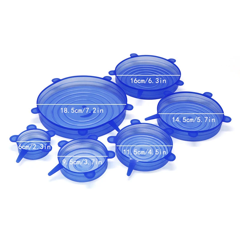 Tapa de silicona elástica ajustable para alimentos, tapas extensibles universales para latas, platos, cuencos, reutilizables, 6 unidades por lote