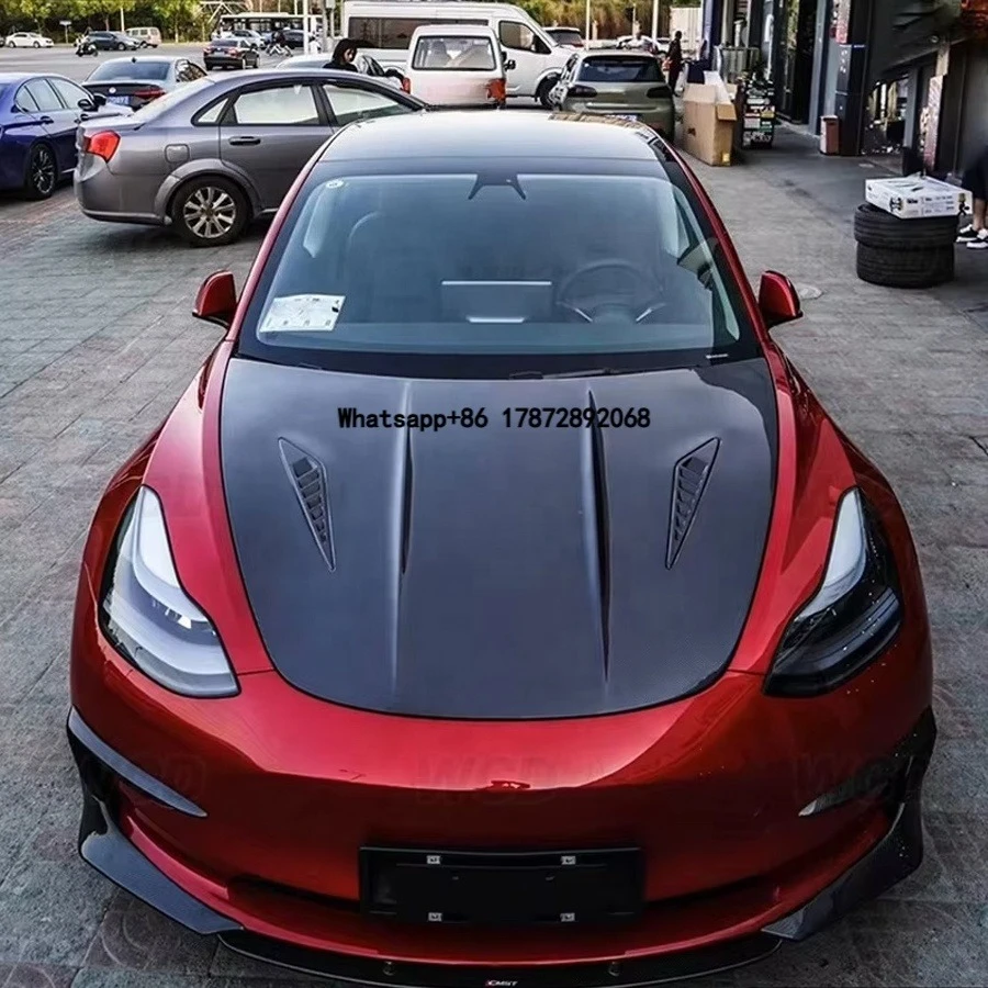 CMS Style Carbon Fiber Front Bumper Hood Bonnet for Model 3 Auto Racing Car Front Hood Cover Parts Body Kit