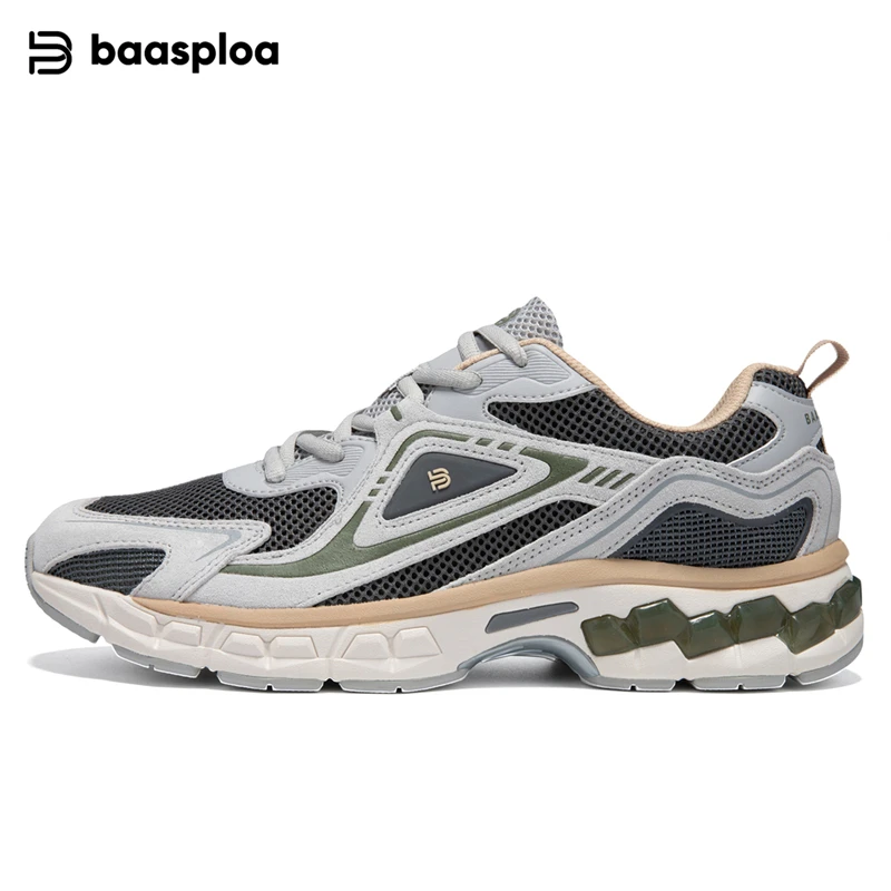 

Baasploa Men Running Shoes New Fashion Retro Style Breathable Sport Shoes Split Leather Shock Absorption Men Sneakers Non-Slip