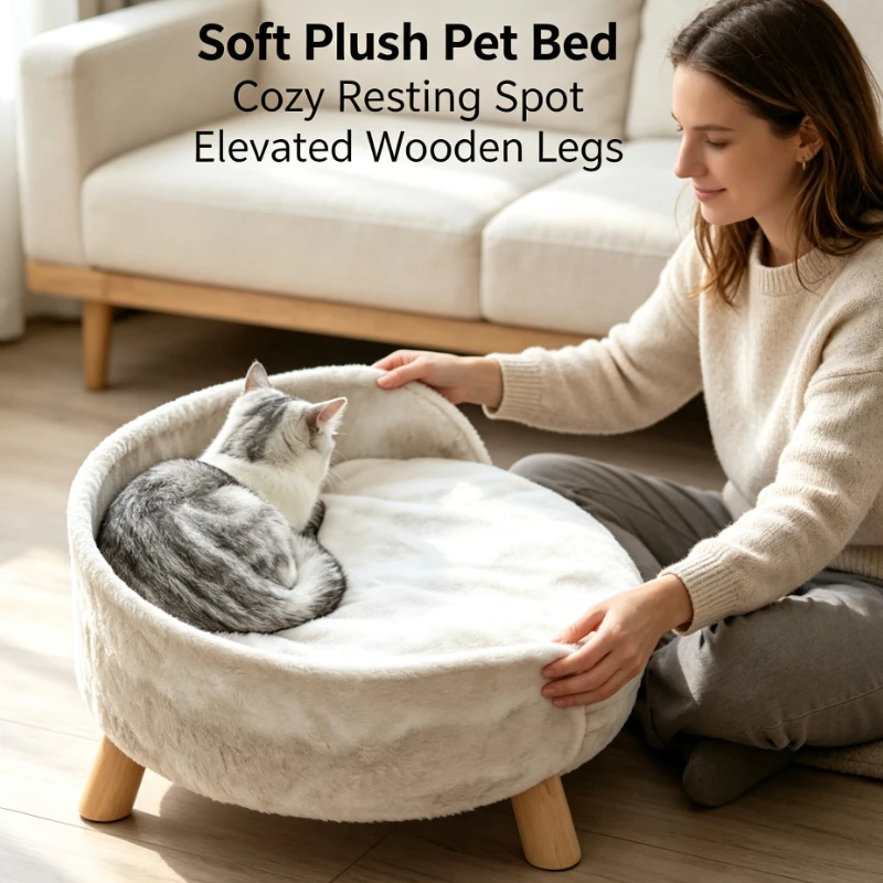 Pet Bed Plush Round Soft Sleeping Nest For Small Dogs Cats Indoor Home Use Cozy Warm Kennel Cushion With Wooden Legs Furniture