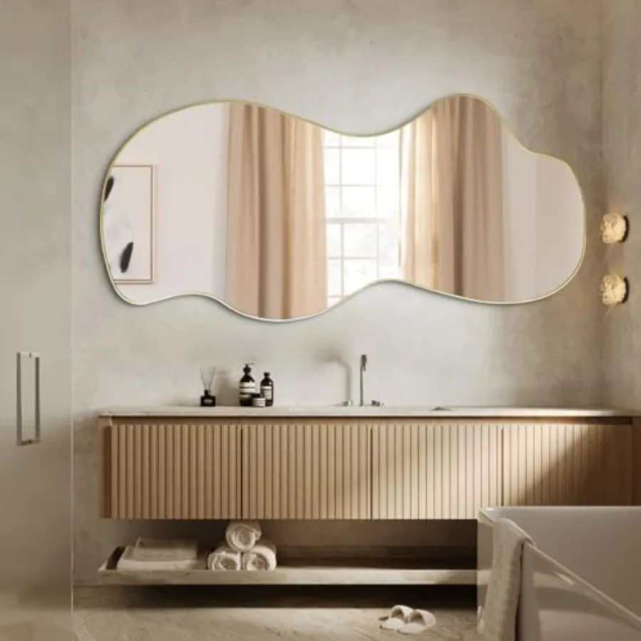 Large Irregular Mirror 63x30 Gold Asymmetrical Frameless Mirror Modern Organic Shape Wall Mirror for Living Room Bedroom Hallwa view 2