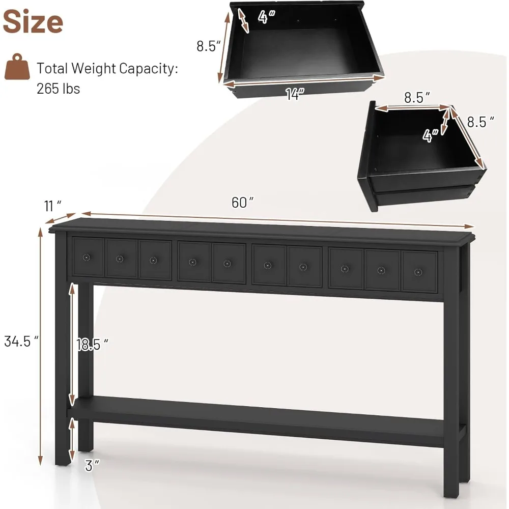 طاولة كونسول ضيقة مع مساحة تخزين - 60 طاولة جانبية للأريكة الطويلة مع 4 أدراج ورف مفتوح وأرجل خشبية صلبة، مستطيلة