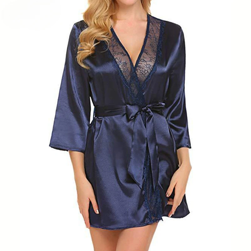 Home Long-sleeved Nightgown, Thin Sexy Women\'s Lace-up Dressing Gown, Simple Cardigan Pajamas, Ice Silk Bathrobe.