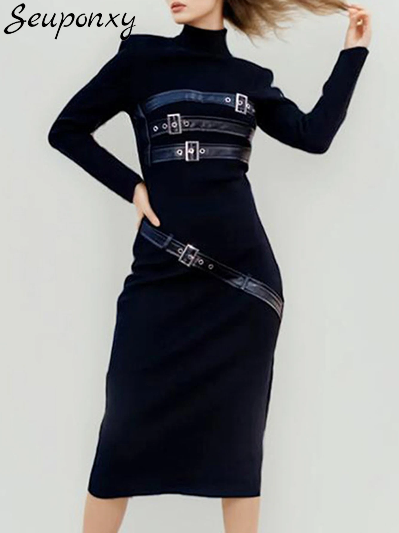 

High Quality Women'S Black Midi Dress 2024 New Sexy Stand Up Collar Long Sleeved Belt Patchwork Elegant Party Dress Vestidos