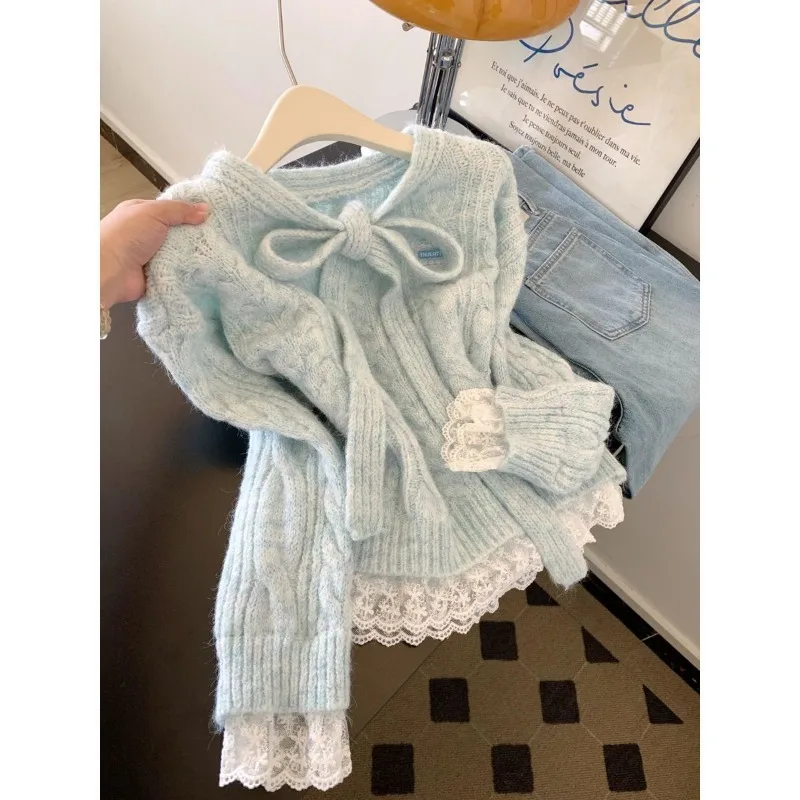 Korean Style Women Knit Sweater Bow Tie Lace Patchwork Fake Two Piece Blue Top