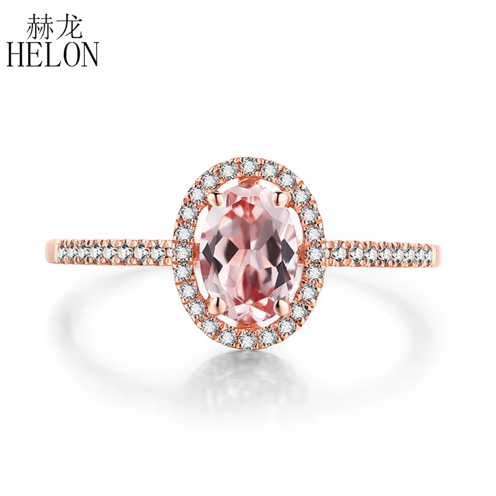 HELON 585 14K  10k Rose Gold Oval 5X7mm Genuine Morganite Diamonds Engagement Ring For Women Gemstone Diamond Trendy Jewely Gift