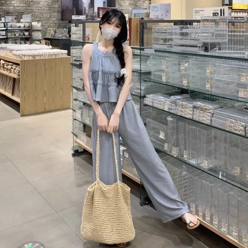 Sexy Off Shoulder Women's Shirt 2pcs Suits Loose Korean Leisure Style O-Neck Sleeveless Pullover Shirt High Waist Wide Leg Pants
