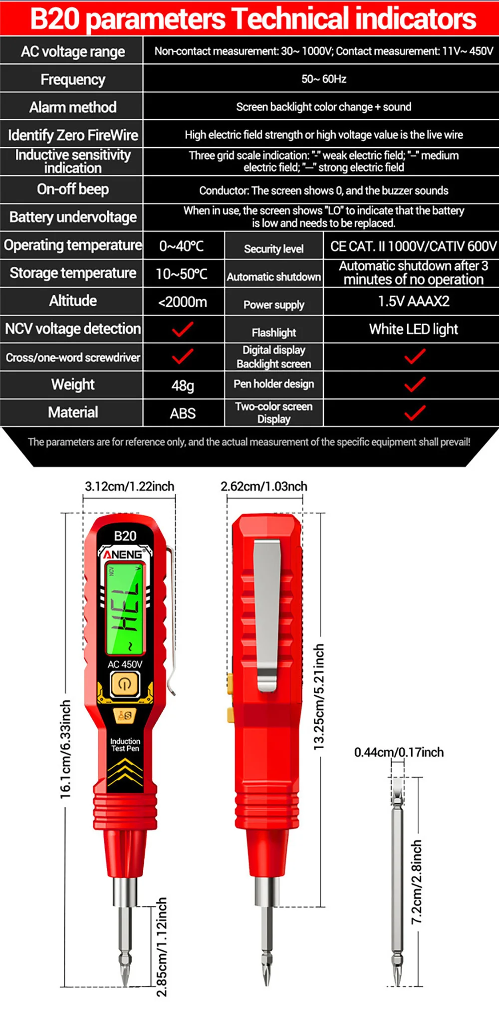ANENG B20 Spannungsprüfer-Stift Doppelkopf-Schraubendreher Kreuzschlitz-Flachkopf-Schraubendreher Elektrischer Induktions-Schaltkreisprüfer Werkzeuge – Detail 3
