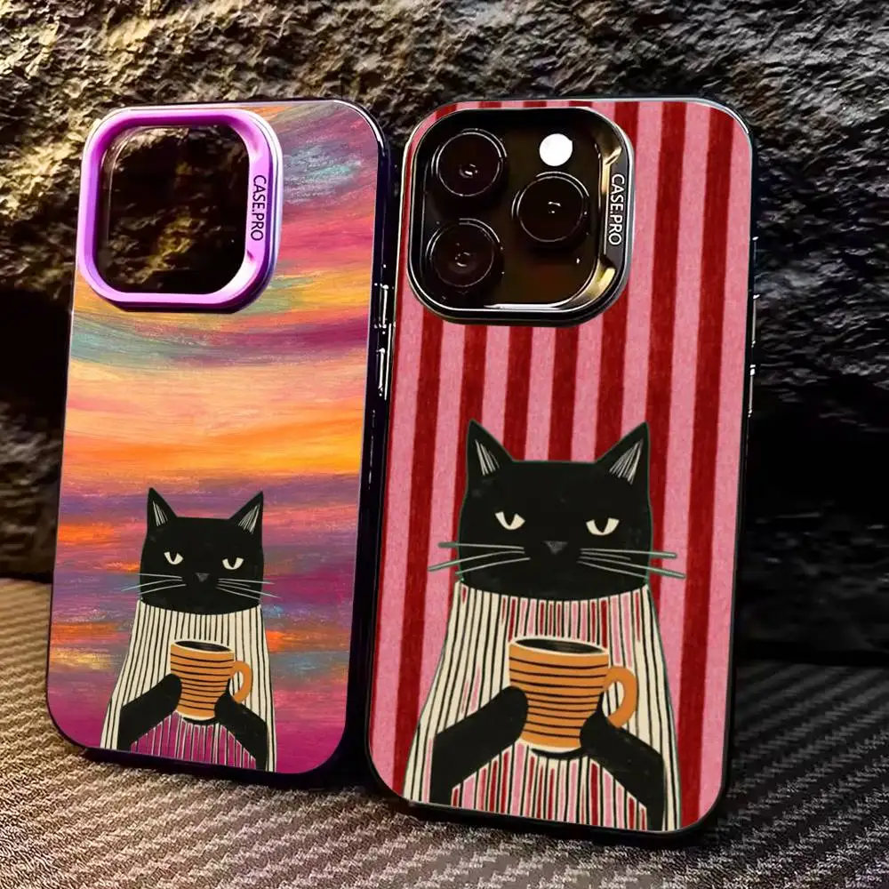 S-Striped Coffee Cat Phone Case For iPhone 17,16,15,14,13,12,11 Plus,Pro Max,Colorful Silver Funda Cover