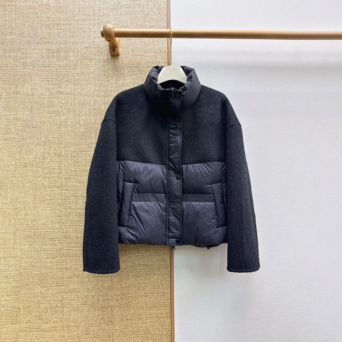 2026 Women Wool Blend Spliced Down Jacket, Stand Collar Loose Short Puffer Coat26102202