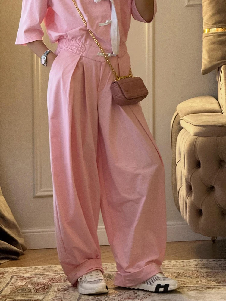 Damen-Hosenanzüge, 2-teilig, V-Ausschnitt, Kurzarm, seitliche Knopfleiste, Schnürung, geraffte Mäntel, plissierte Hosen, schicke Damen-Outfits mit Paneelen – Detail 6