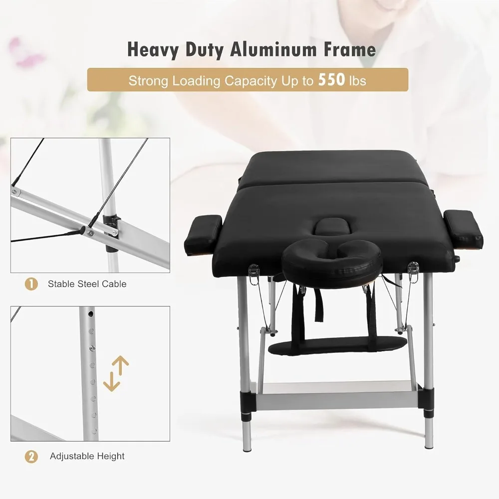 Portable Massage Table 84inch, Folding Lash Bed Aluminium Frame, Height Adjustable, 2 Fold Professional Facial Salon