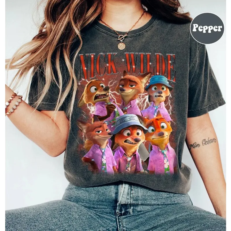 قميص ديزني زوتوبيا نيك وايلد لجميع الفصول الأربعة، مناسب لكل من الرجال والنساء، تي شيرت كاجوال من القطن الخالص