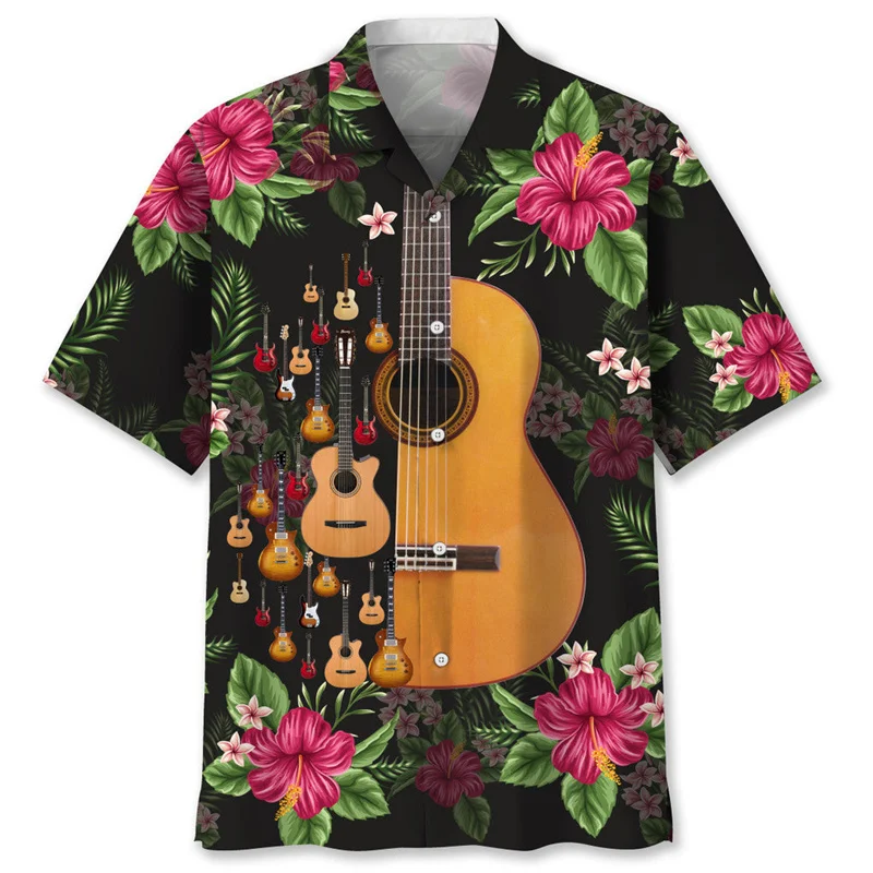 Camicia hawaiana stampata in 3d per chitarra con piante tropicali per uomo camicia a maniche corte con motivo a strumenti musicali camicetta con bottoni con risvolto