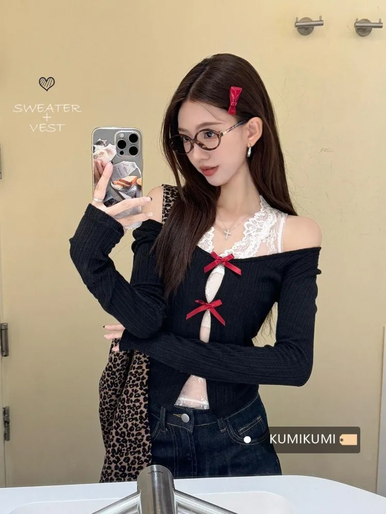 QWEEK Coquette Y2k Sexy Kawaii Cardigan Vintage Korean Kpop Fashion Cute Bow Long Sleeve Black Sweater 2024 Autumn New In