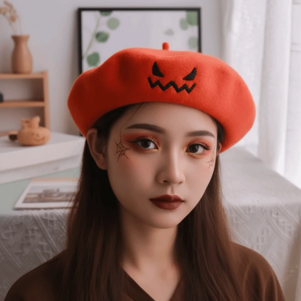 Woolen Pumpkin Beret Hat Embroidered Lightweight Pumpkin Face Cap Multicolor Cozy Embroidered Painter Hat Halloween Party 2