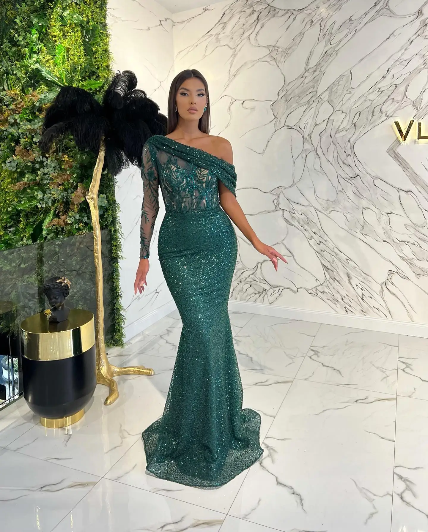 Emerald Green One Shoulder Mermaid Prom Dresses Floor-Length Cut-Out Lace Appliques Evening Party Gowns Custom Vestido De Novia