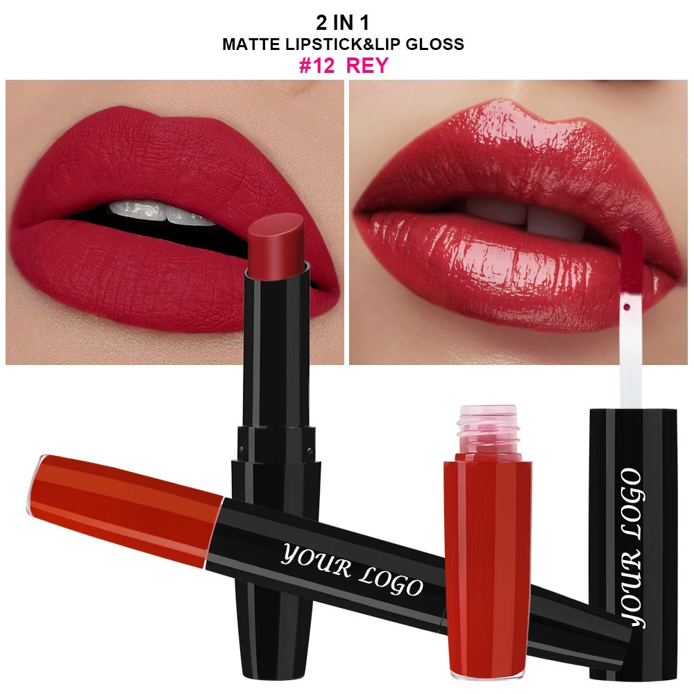 Private Label Lipstick Custom Logo 2-in-1 Unisex Non-Stick Matte Lipstick Moisturizing Brightening Lip Glaze Dual-Ended Makeup