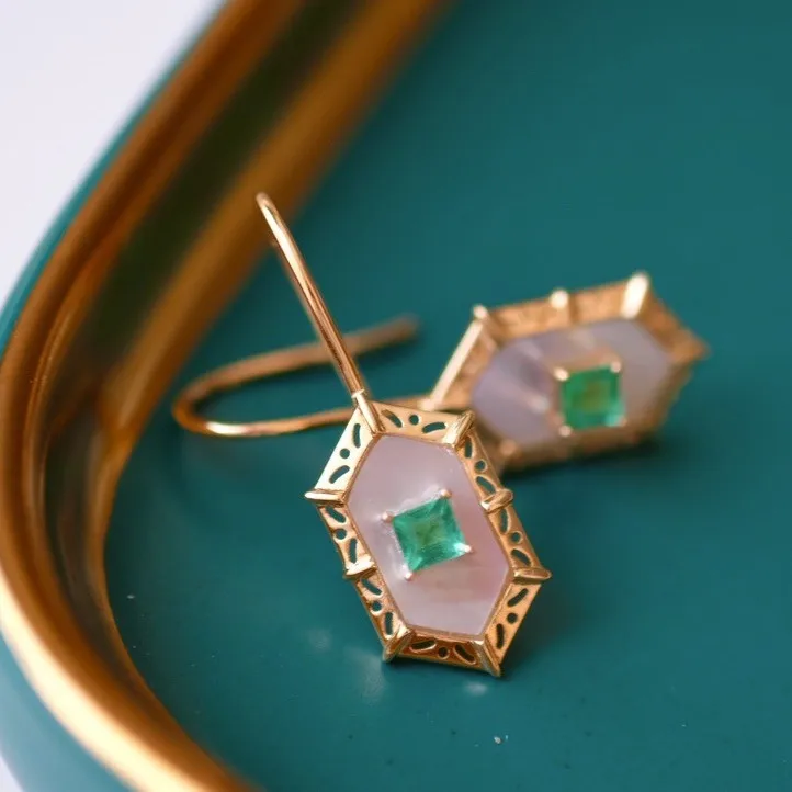 المتخصصة خمر 925 الفضة الطبيعية الأبيض قذيفة الزمرد هندسية الأذن السنانير 18K الذهب معبأ مسدس الأحجار الكريمة إسقاط أقراط مجوهرات #4