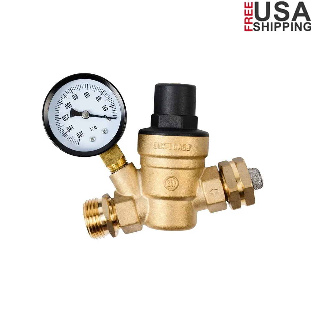 

Латунный регулятор давления воды, автофургон, прицеп, сантехника, шланг 3/4 дюйма, регулируемый манометр, входной фильтр, бессвинцовый, 45 фунтов на квадратный дюйм