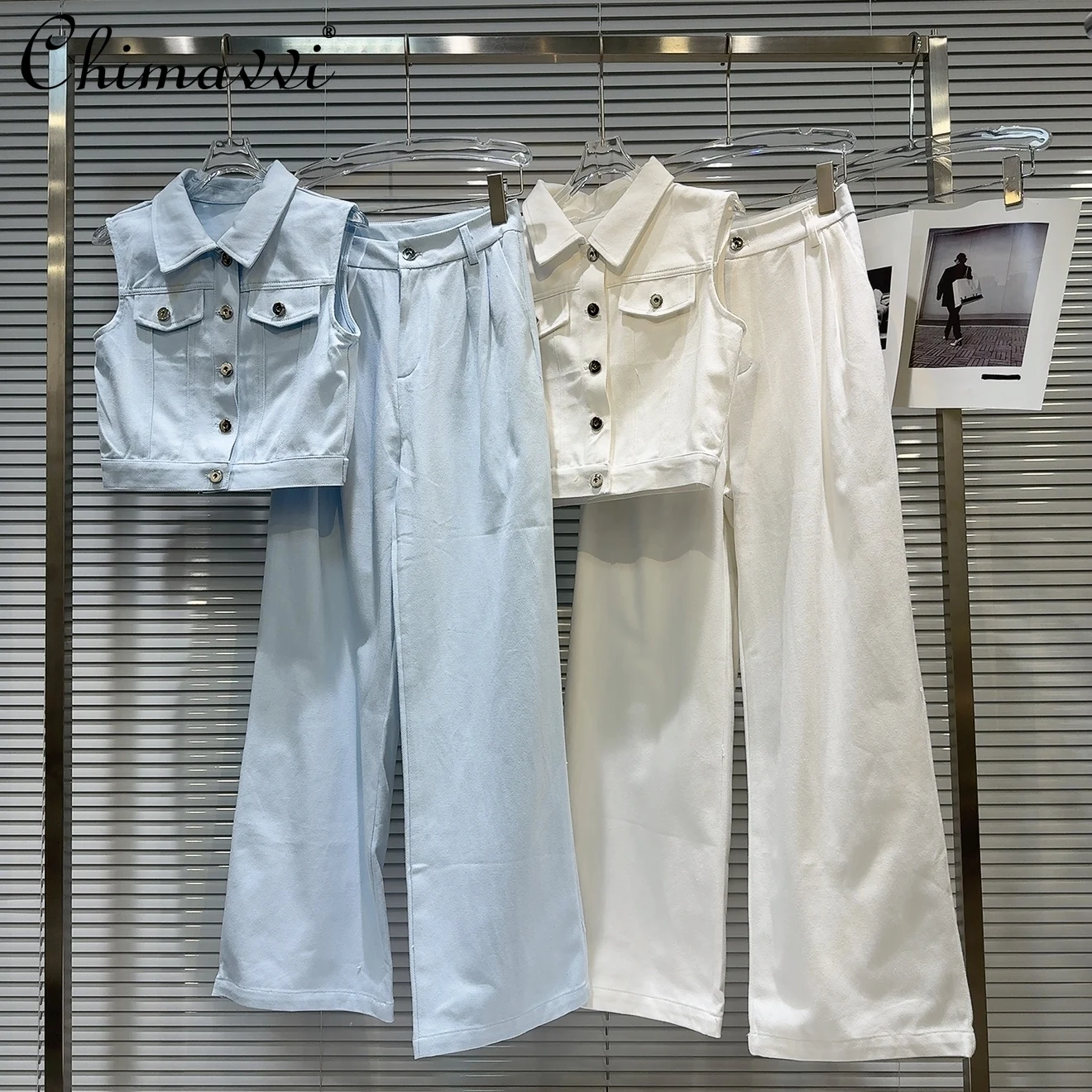

High-end 2025 Summer Clothes New Fashion Pocket Vest Top and Wide-leg Trousers Denim Set Temperament Women's 2-piece Set