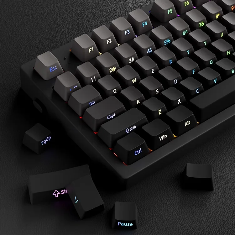 Profil OEM Gradien Sisi Dicetak Bersinar Melalui Keycaps PBT Double Shot Keycap Untuk Mechanical Gamer Keyboard Hitam Abu-abu Key Caps