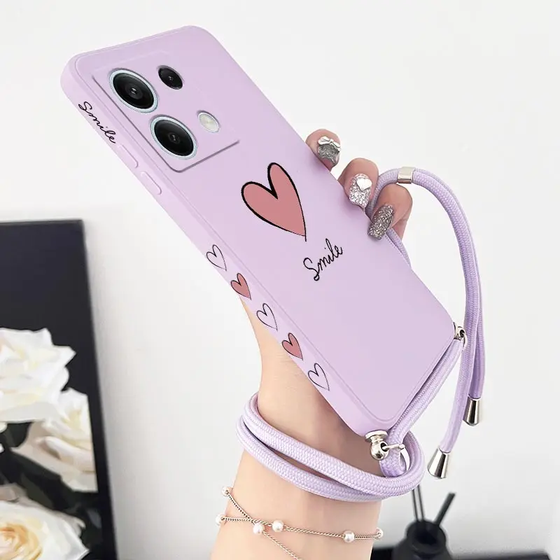 Note13 Big Red Heart Lanyard Silicone Phone Case For Xiaomi Redmi Note 13 13Pro Shatterproof Redmi Note 13ProPlus Back Cover