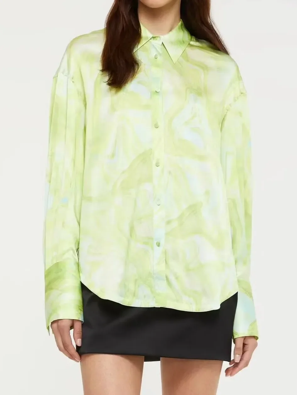 

Women Green Print Blouse Top Turn-down Collar Long Sleeve Single Breasted Loose Female Shirt