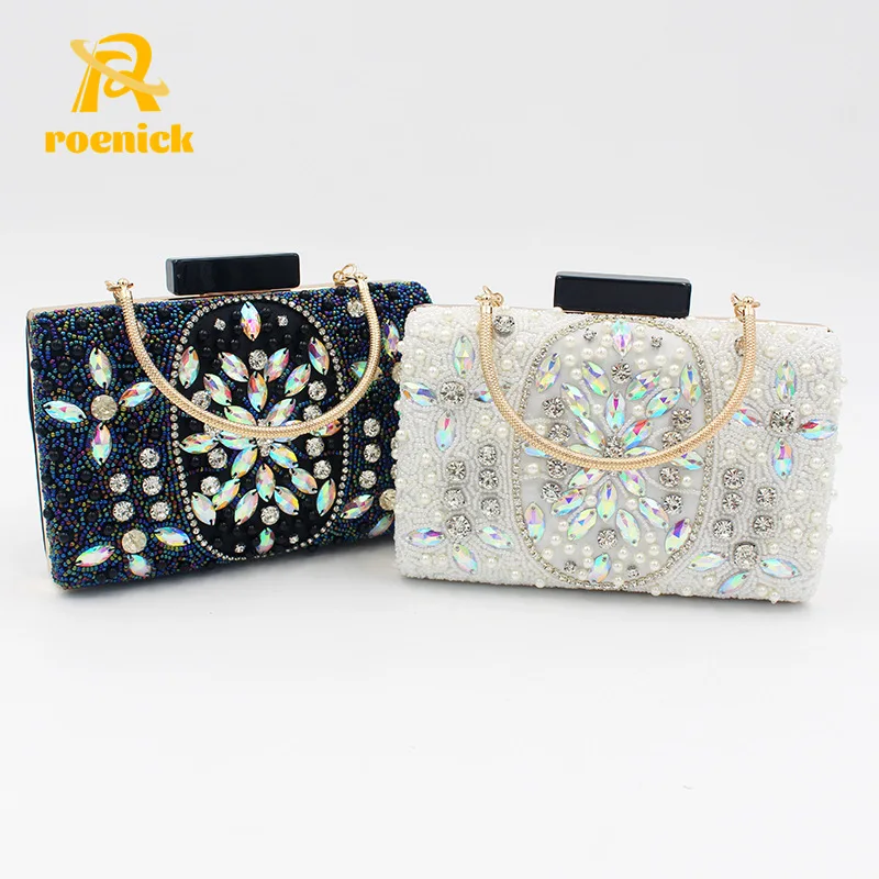 

ROENICK Women Vintage Beading Embroidered Evening Bags with Handle Dinner Diamonds Small Square Day Clutch Rhinestone Purses