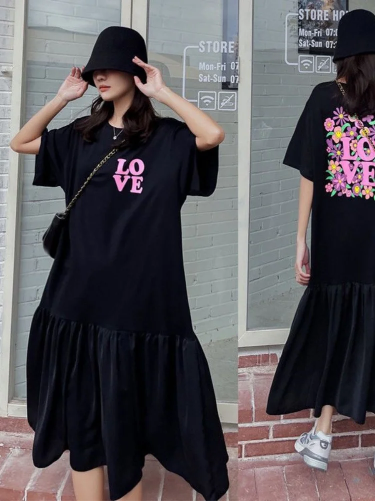 

plus Size Bla Loose Summer Dr Women's Clothing Conceal Meat Lazy Sle Thinming Thin Long Sve round Ne Dr