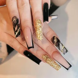 24Pcs Gold Leaf Wearable Coffin Fake Nail Tips with Ink Fainting Designs Long Ballerina False Nails Press on Nails Art Manicure